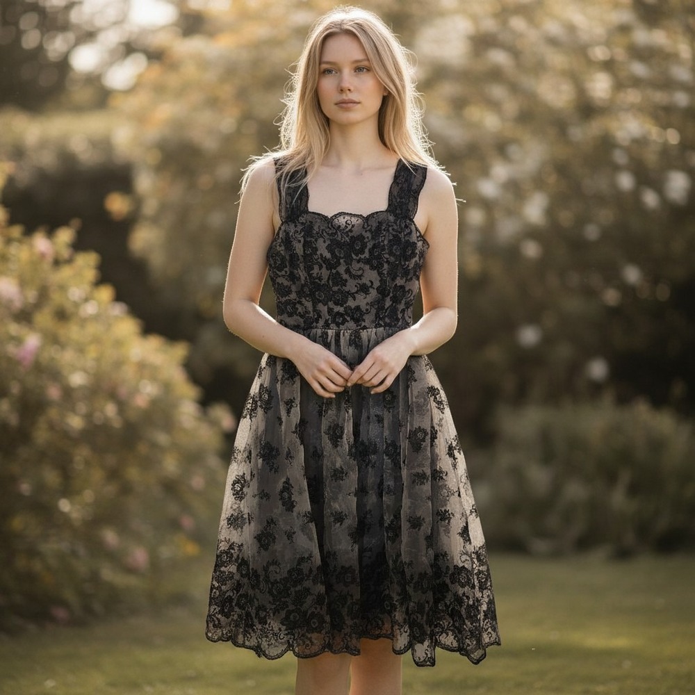 H&M Women Black Floral Velvet Burnout Toole Midi Dress Size 10 Boho Flowy Goth